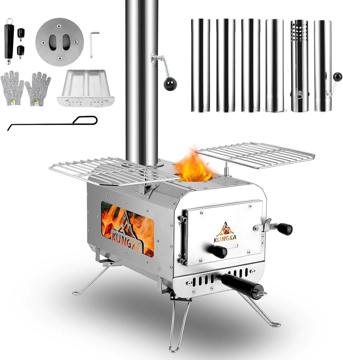 7.3 Foot tall portable wood-burning stove, small stainless steel tent-style heater, equipped with 6 chimney pipes, suitable for outdoor heating, cooking, hunting and ice fishing
