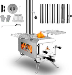 7.3 Foot tall portable wood-burning stove, small stainless steel tent-style heater, equipped with 6 chimney pipes, suitable for outdoor heating, cooking, hunting and ice fishing