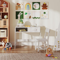 Kids Desk and Chair Set, Wooden Children School Study Table and Chair w/Storage Drawer & Hutch, Student Writing Desk Computer Workstation for Bedroom, Gift for 3+ Years Old (White)