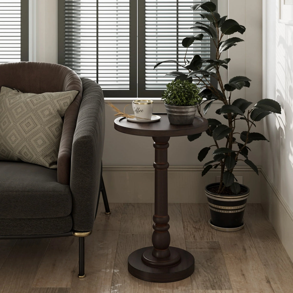Small Pedestal End Table with Tray Top, Farmhouse Distressed Finish Accent Table