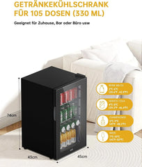 WIE Mini Kühlschrank Getränkekühlschrank 70 Liter mit Doppelte Glastür mit Verstellbaren Ablagen Indoor Outdoor Klein Bierkühlschrank Leise 105 Dosen