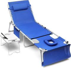 3-in-1 Outdoor Sun Tanning Lounge Chair with Face Hole �� 5-Position Recliner, Folding Side Table & Removable Pillow, 330lbs Capacity, Blue
