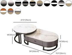 Ovaler Couchtisch aus Stein, 2er-Set, Wohnzimmer-Mitteltisch mit Schublade, Beistelltisch aus Glas, Schwarz/Grau – Grau, (99,9 cm L x 49,9 cm B x 40,6