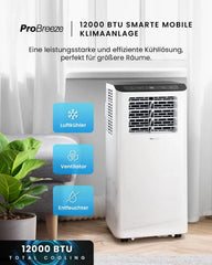 Pro Breeze 12000 BTU Mobile Klimaanlage (Räume bis 50m2) – Klimaanlage mobil mit App-Steuerung, Timer & LED-Display – inkl. Fensterabdichtung &