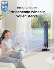 DREO DC Motor Turmventilator Leiser, 11M Windentfernung Ventilator mit Kühlung Fernbedienung, 9 Stufen 4 Modi, 90° Oszillierender Stand Ventilatoren