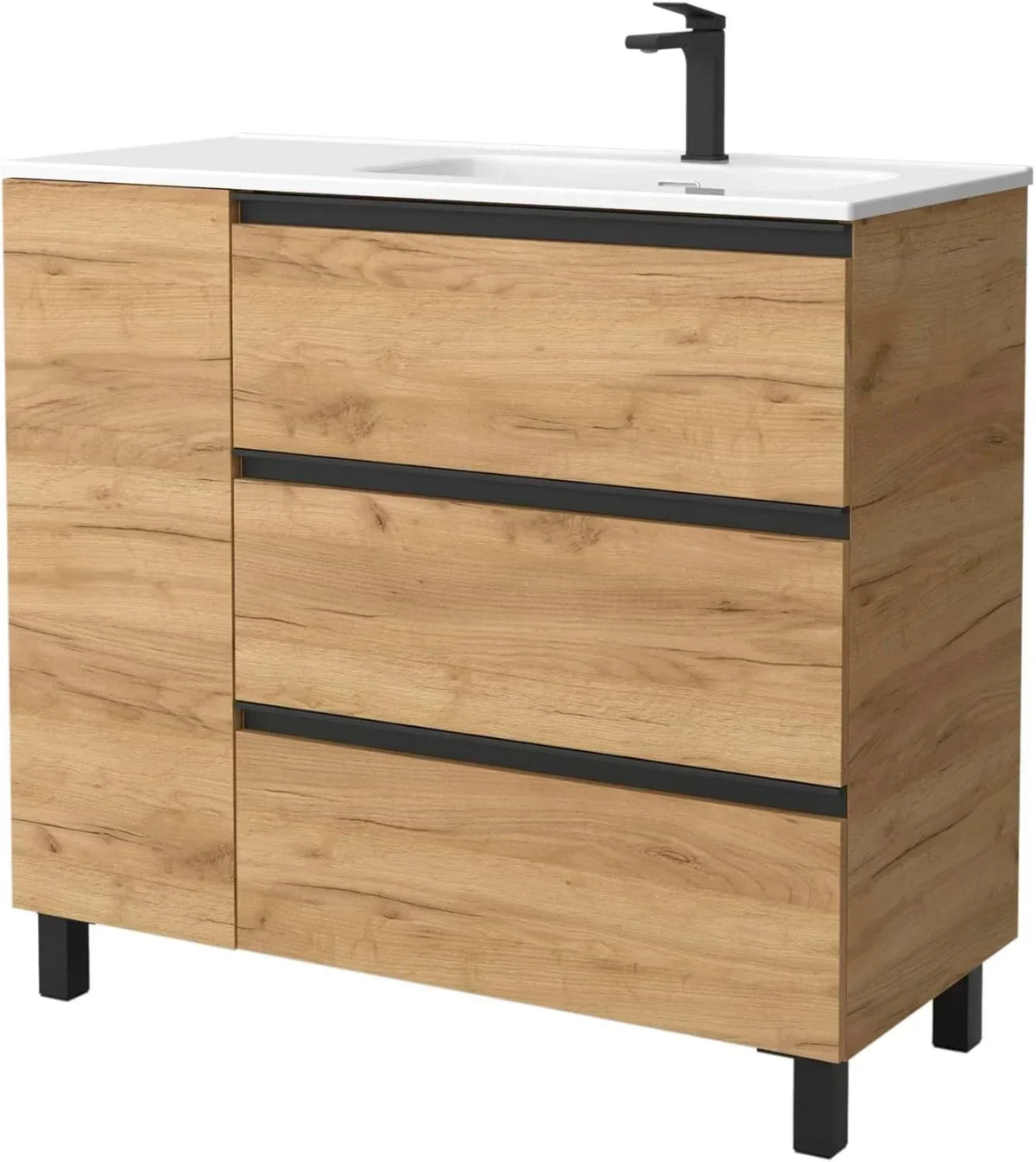 Mueble de Baño BEQUIA Plus Metal 3C 90cm Roble | Lavabo Porcelana Grifo Derecha