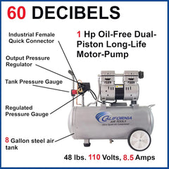 Air Tools 8010 Ultra Quiet Oil-Free Air Compressor, 1.0 HP, 8 Gallon, 120 PSI, 60 dB Noise Level