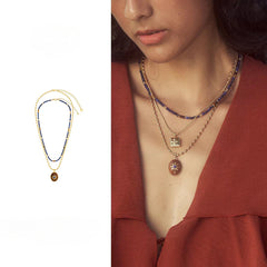 Caivera Gold Plated Brass Double Layer Necklace Set – Blue Beads and Brown Wood Pendant