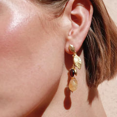 Caivera Gold Plated Brass Leaf Drop Earrings – Mixed Bead Dangles, 2.05 inch, Butterfly Backs