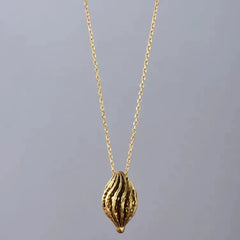 Caivera Gold Plated Brass Long Pendant Necklace – Ribbed Oval Pendant, 31 inch