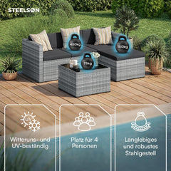 STEELSØN Zethora Rattan Gartenmöbel Set 3-TLG. – Outdoor Sitzgruppe für Garten/Terrasse/Balkon – Gartenlounge mit 3er-Sofa, Hocker & Tisch –