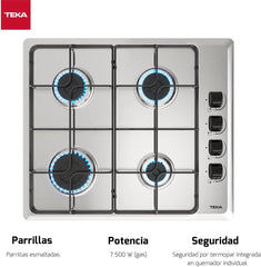 TEKA Placa de Gas Butano, 60 cm, 4 Fuegos, Mandos Ergonómicos, Seguridad Termopar, Parrillas Esmaltadas, HLX 640 KL