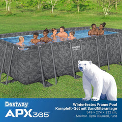 Bestway APX365 Winterfestes Frame Pool Set, Sandfilteranlage, 549 x 274 x 132 cm, 16.477 L, Stahlrahmen, Polar-Shield, Dunkle Marmor-Optik,