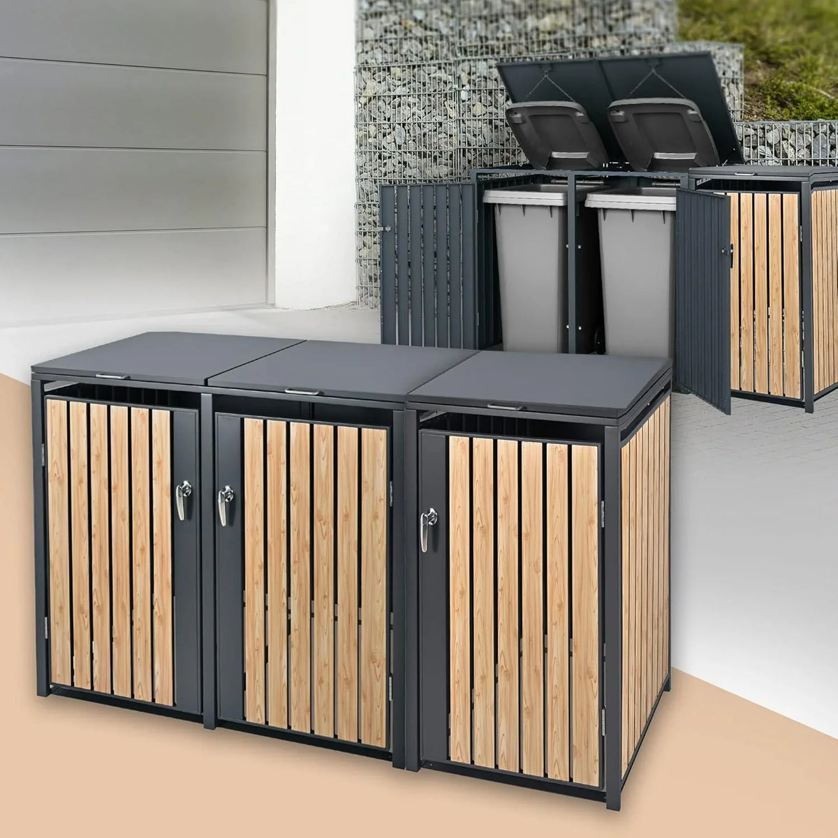 ML-Design Mülltonnenbox 3er 3 Tonnen 240L 200x80x116,3cm Anthrazit-Holzoptik, Stahl wetterfest/abschließbar Mülltonnenverkleidung Klappdeckel/3 Türen,