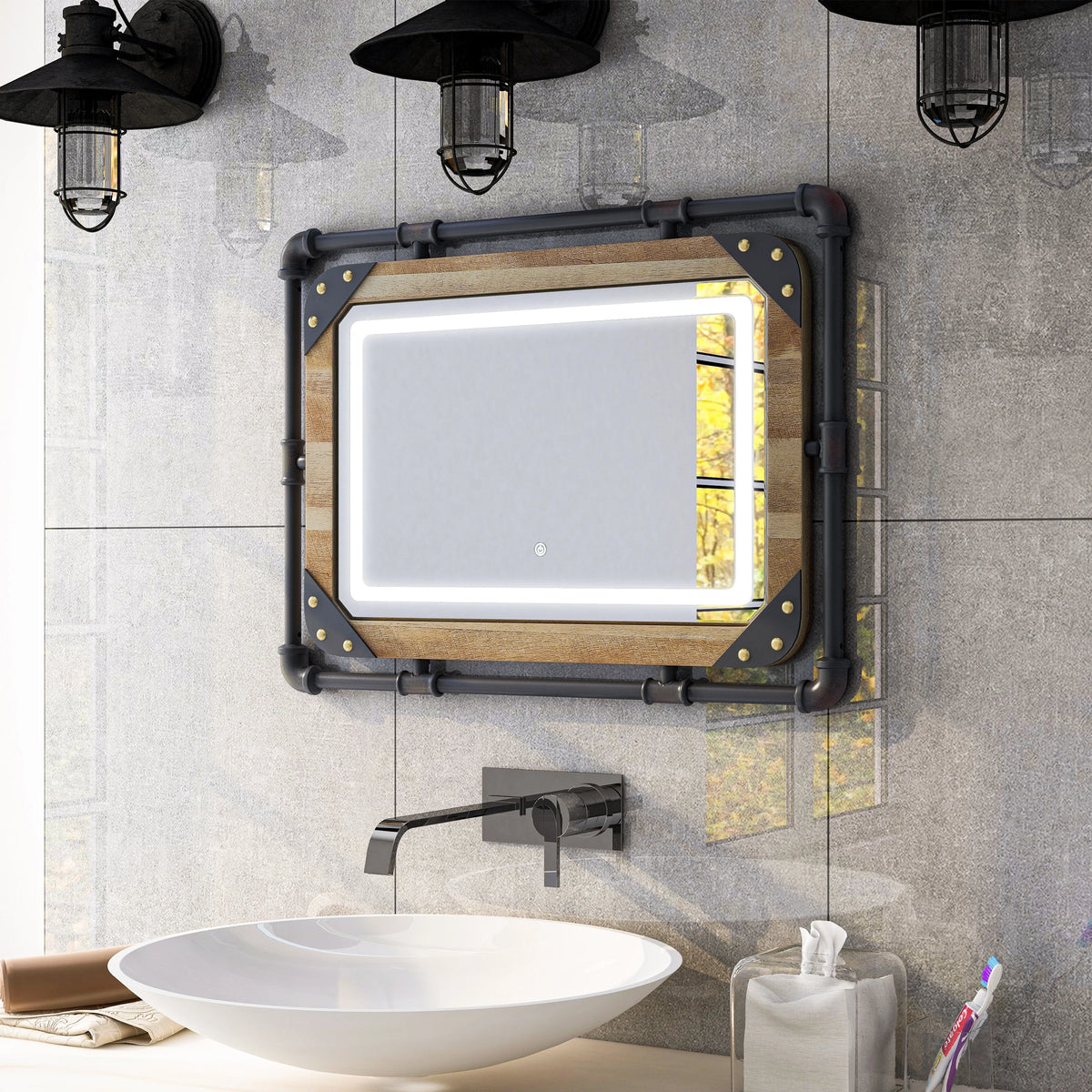 Industrial Metal Wall Mirror with LED Lights, Modern Decorative Mirror for Home