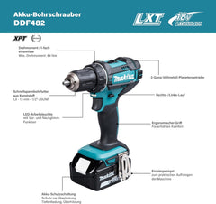 DDF482RFJ Akku-Bohrschrauber 18V / 3,0 Ah, 2 Akkus + Ladegerät im MAKPAC