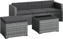 STEELSØN Zethora Rattan Gartenmöbel Set 3-TLG. – Outdoor Sitzgruppe für Garten/Terrasse/Balkon – Gartenlounge mit 3er-Sofa, Hocker & Tisch –